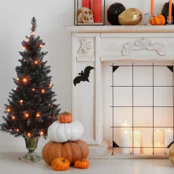 4 ft. Black Entrance Tree with String of Orange Lights