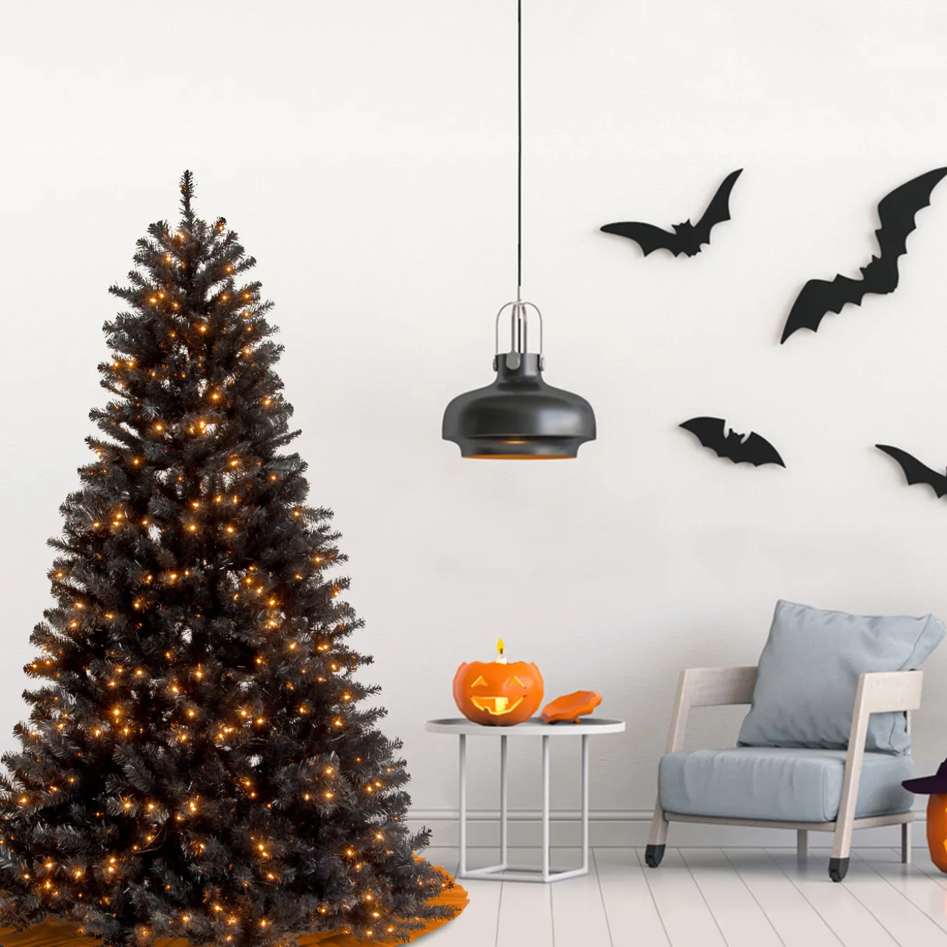 6. ft. Halloween Pre-Lit North Valley Spruce Full Black Tree with White Lights