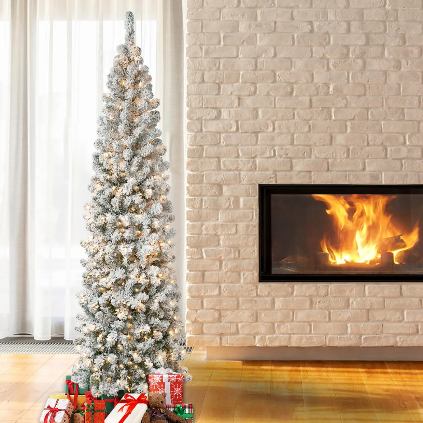 7.5 ft. Pre-Lit Acacia Pencil Slim Flocked Tree with Clear Lights