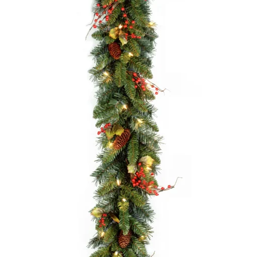 9 ft. Pre-Lit Classical Collection Garland with Clear Lights and Holly Leaves