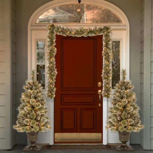9 ft. Pre-Lit Glittery Bristle Pine Garland with Clear Lights