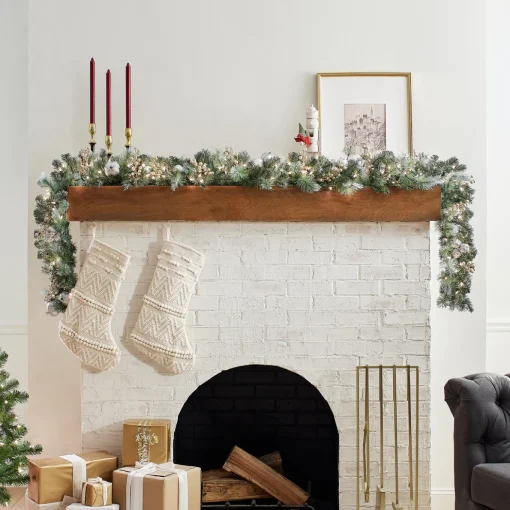9 ft. Pre-Lit Glittery Pine Pomegranate Garland with Clear Lights