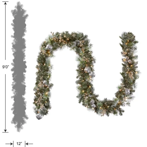 9 ft. Pre-Lit Glittery Pine Pomegranate Garland with Clear Lights