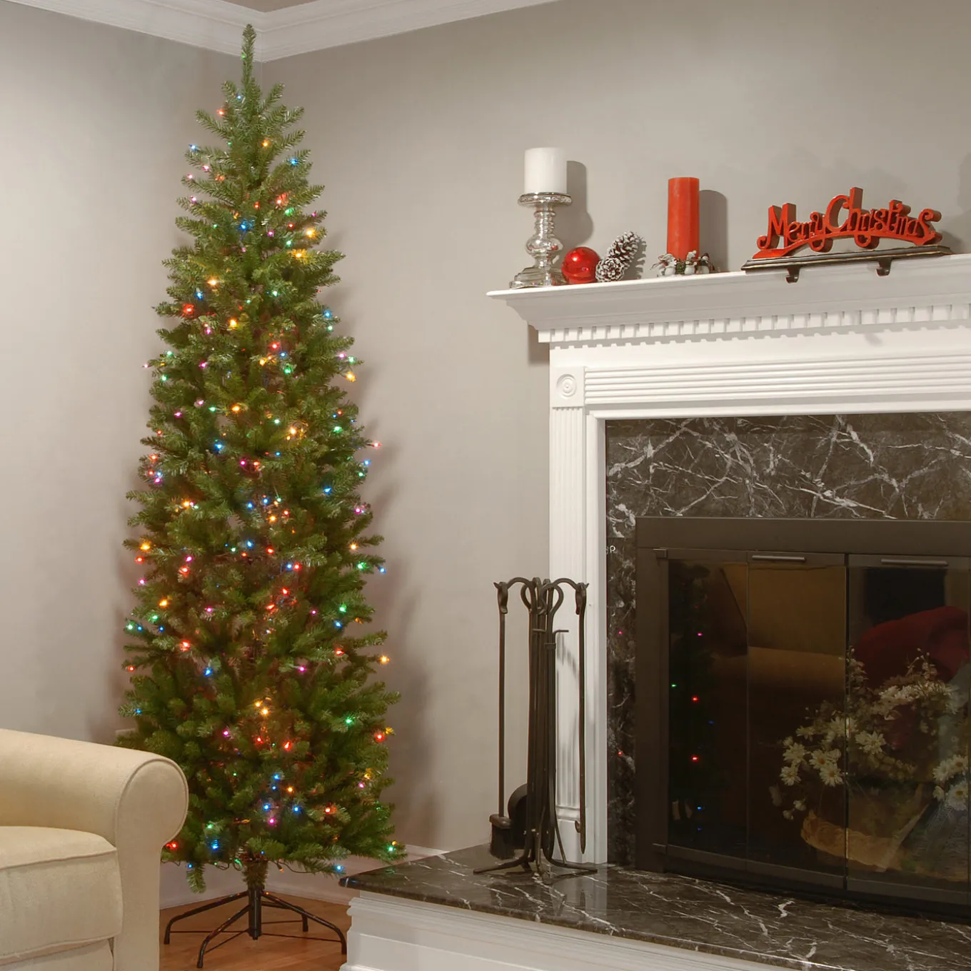 6.5 ft. Pre-Lit Kingswood Fir Pencil Tree with Multicolor Lights