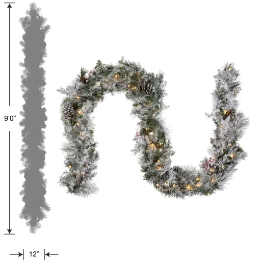 9 ft. Pre-Lit Snowy Bedford Pine Garland with LED Lights