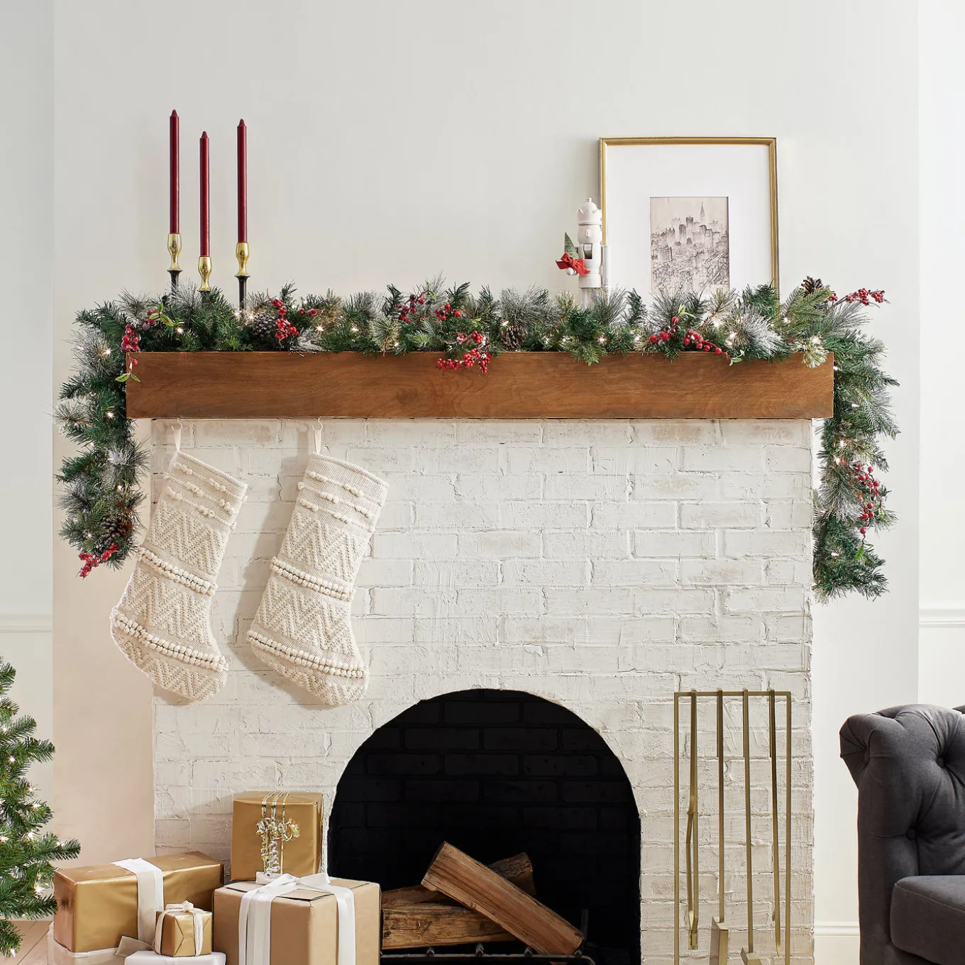 9 ft. Pre-Lit Wintry Berry Garland with Clear Lights, Plug-In