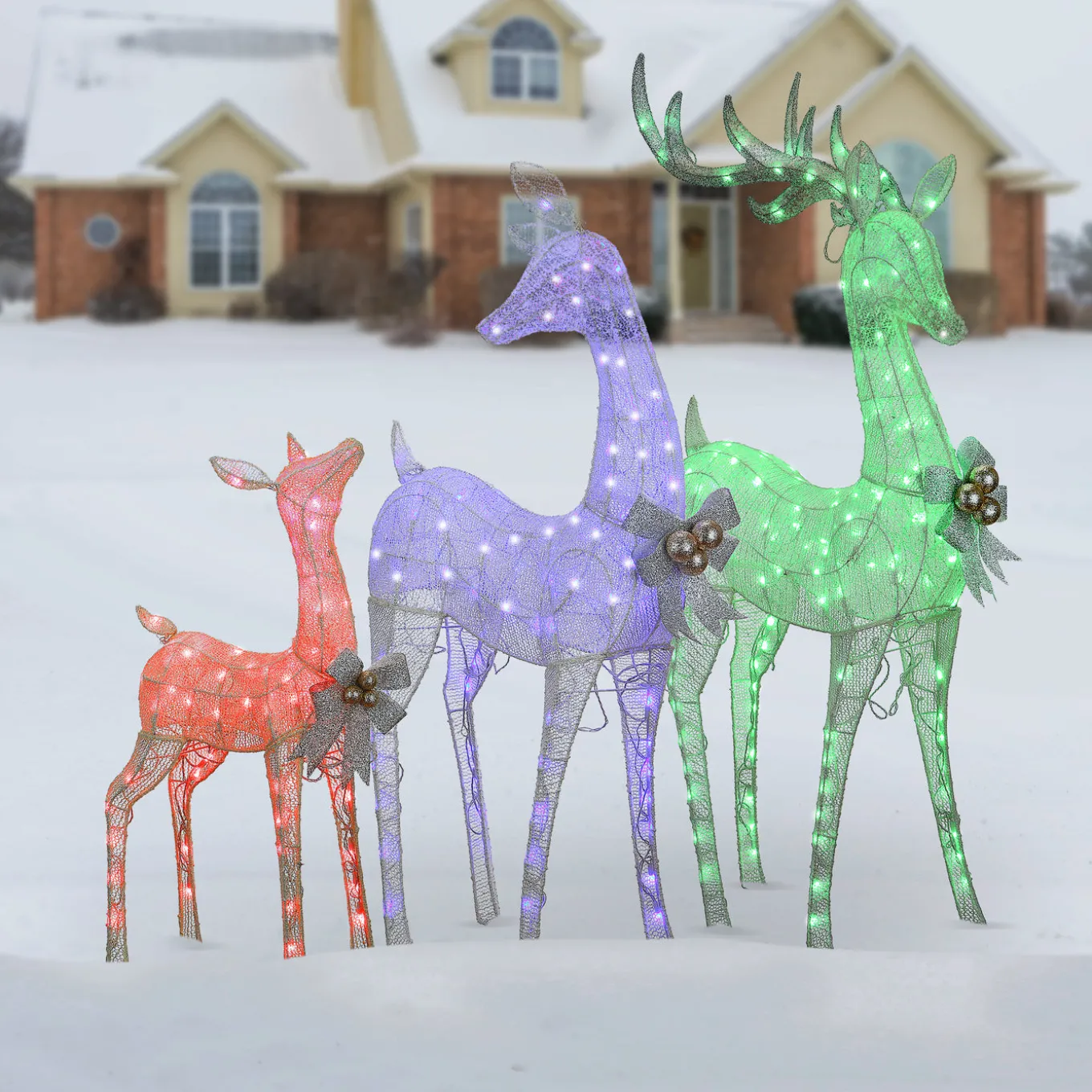 36 in., 52 in. and 60 in. Mesh Glittered Deer Family with LED Lights