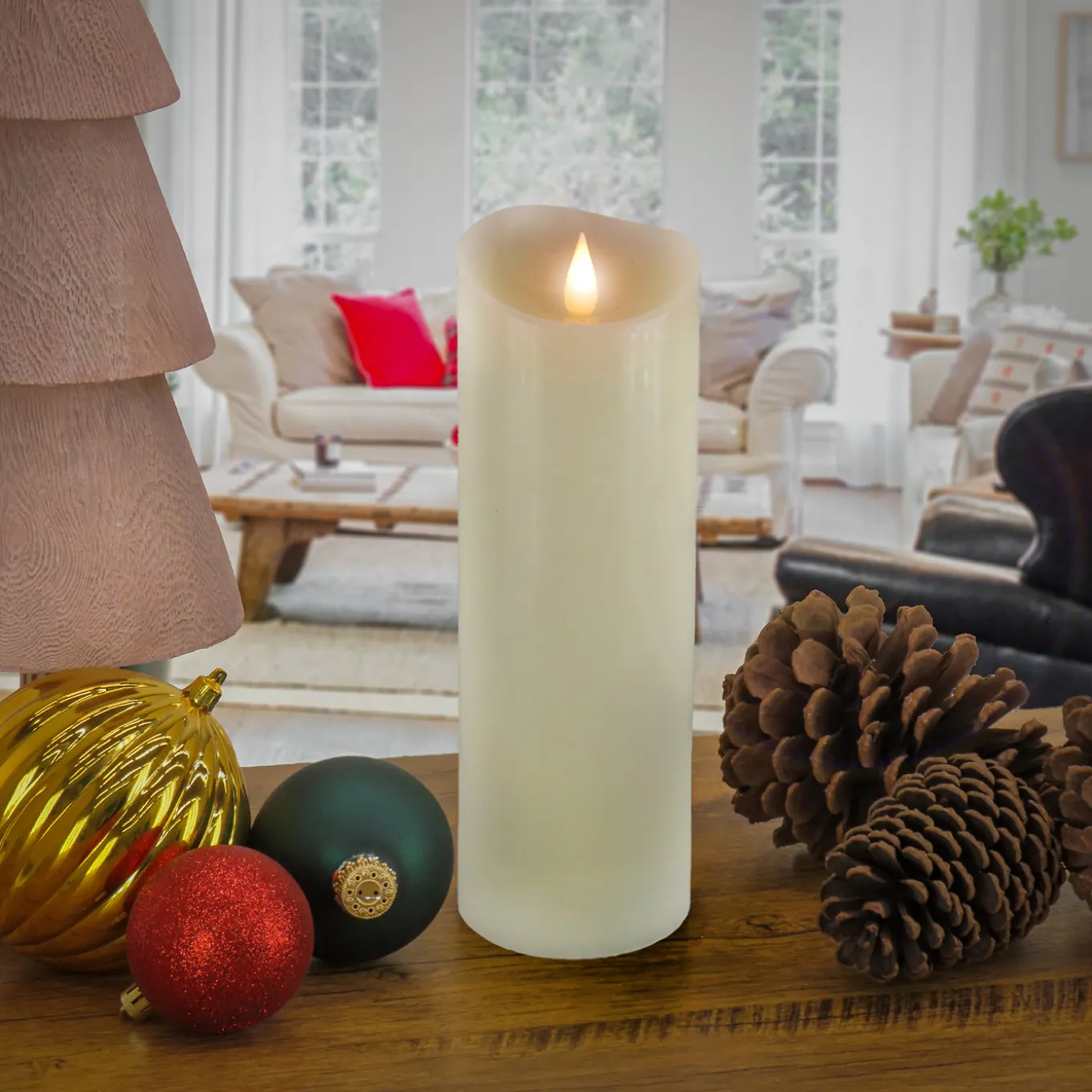 3 in. by 9 in. HGTV Home Collection Flameless Heritage Pillar Candle, Ivory