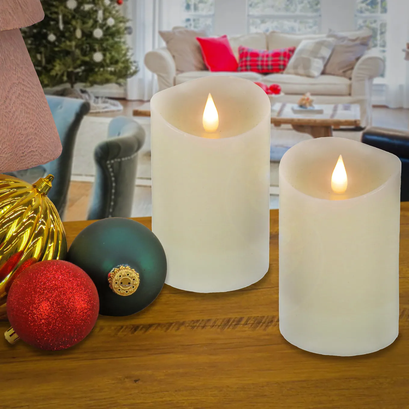 2 in. by 5 in. HGTV Home Collection Flameless Heritage Pillar Candle Pair, Ivory