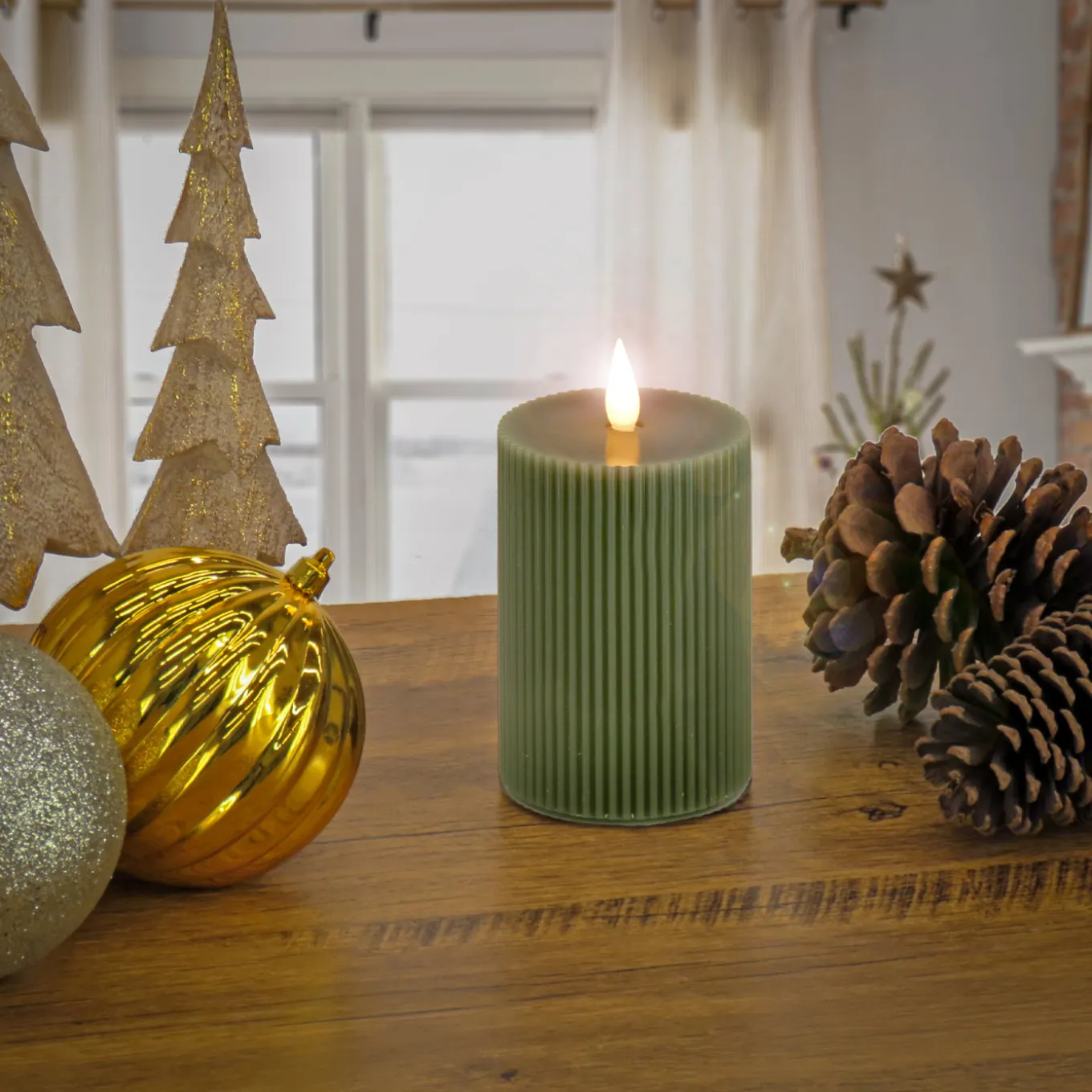 3 in. by 7 in. HGTV Home Collection Flameless Georgetown Pillar Candle, Dk Green