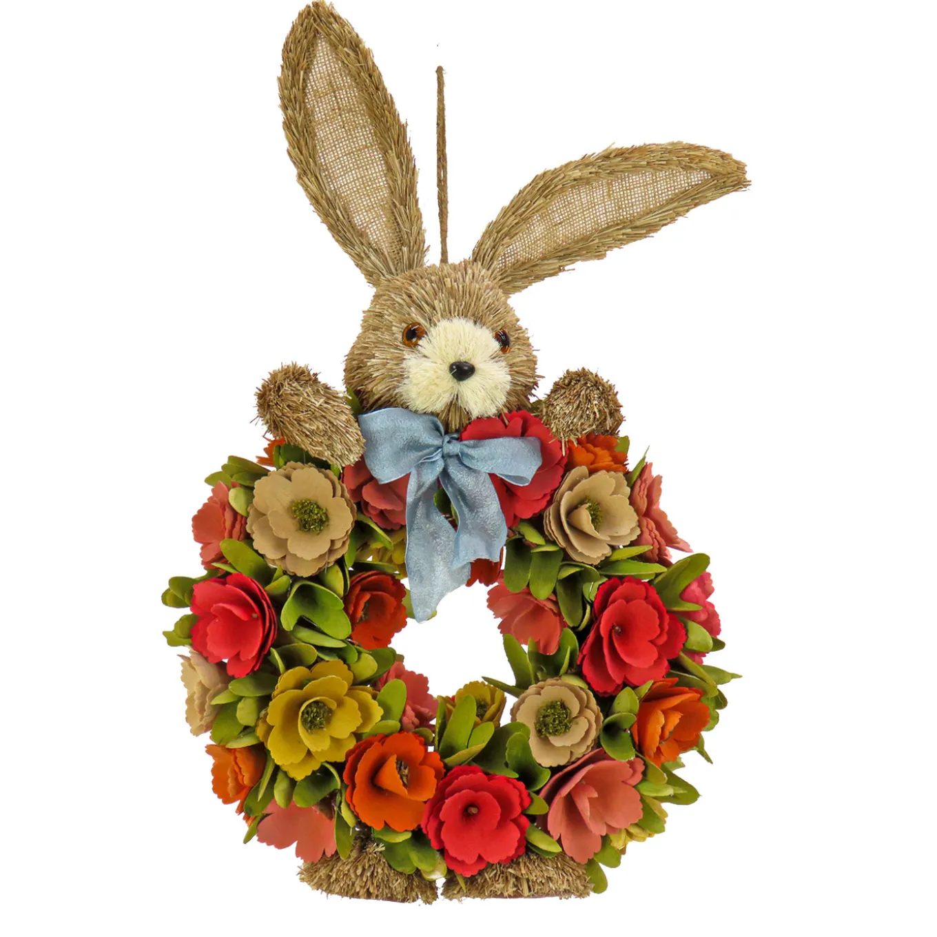 20 in. Easter Wreath Decorated with Red, Orange and Green Flower Blooms, Bunny Head and Feet