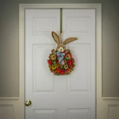20 in. Easter Wreath Decorated with Red, Orange and Green Flower Blooms, Bunny Head and Feet