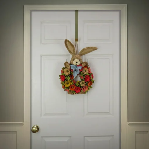 20 in. Easter Wreath Decorated with Red, Orange and Green Flower Blooms, Bunny Head and Feet