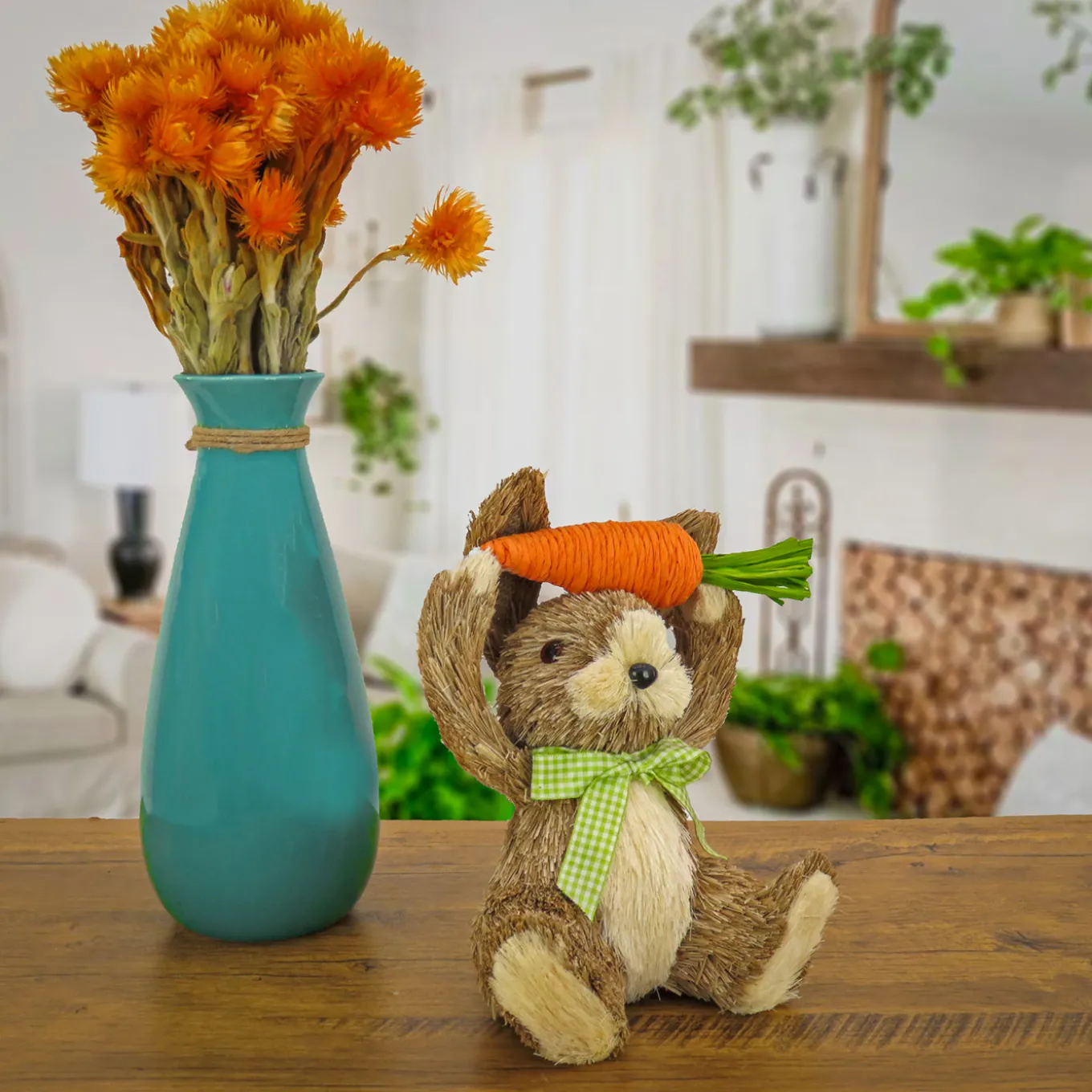 9 in. Easter Bunny with Carrot Table Decoration Decorated with Checkered Green Bow