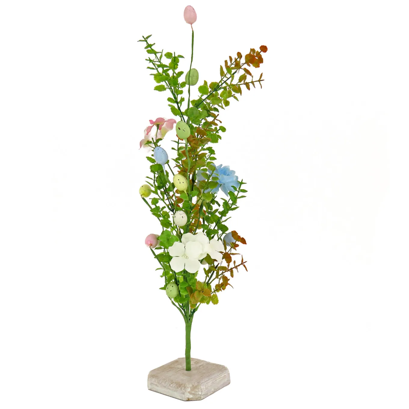 24 in. Easter Decorative Tree Decorated with Pastel Eggs and Flower Blooms, and Wooden Block Base