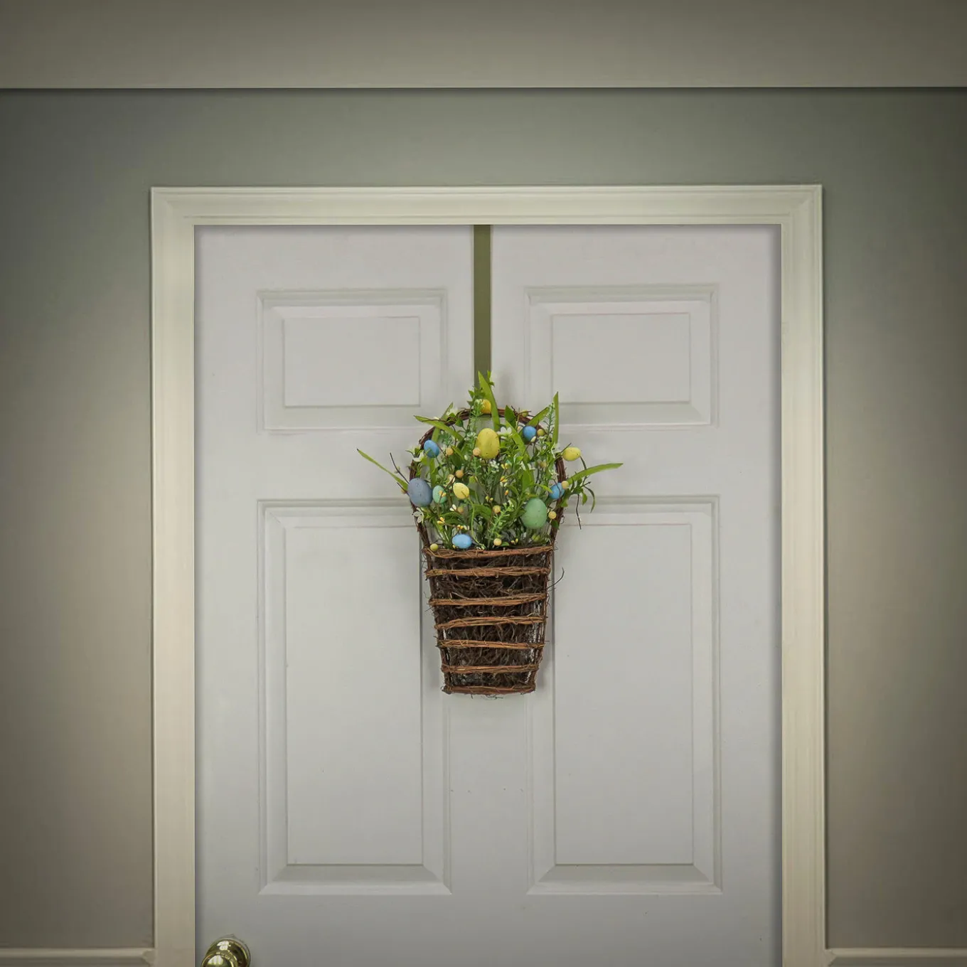 18 in. Easter Hanging Wall Basket Decorated with Pastel Eggs and Spring Flowers