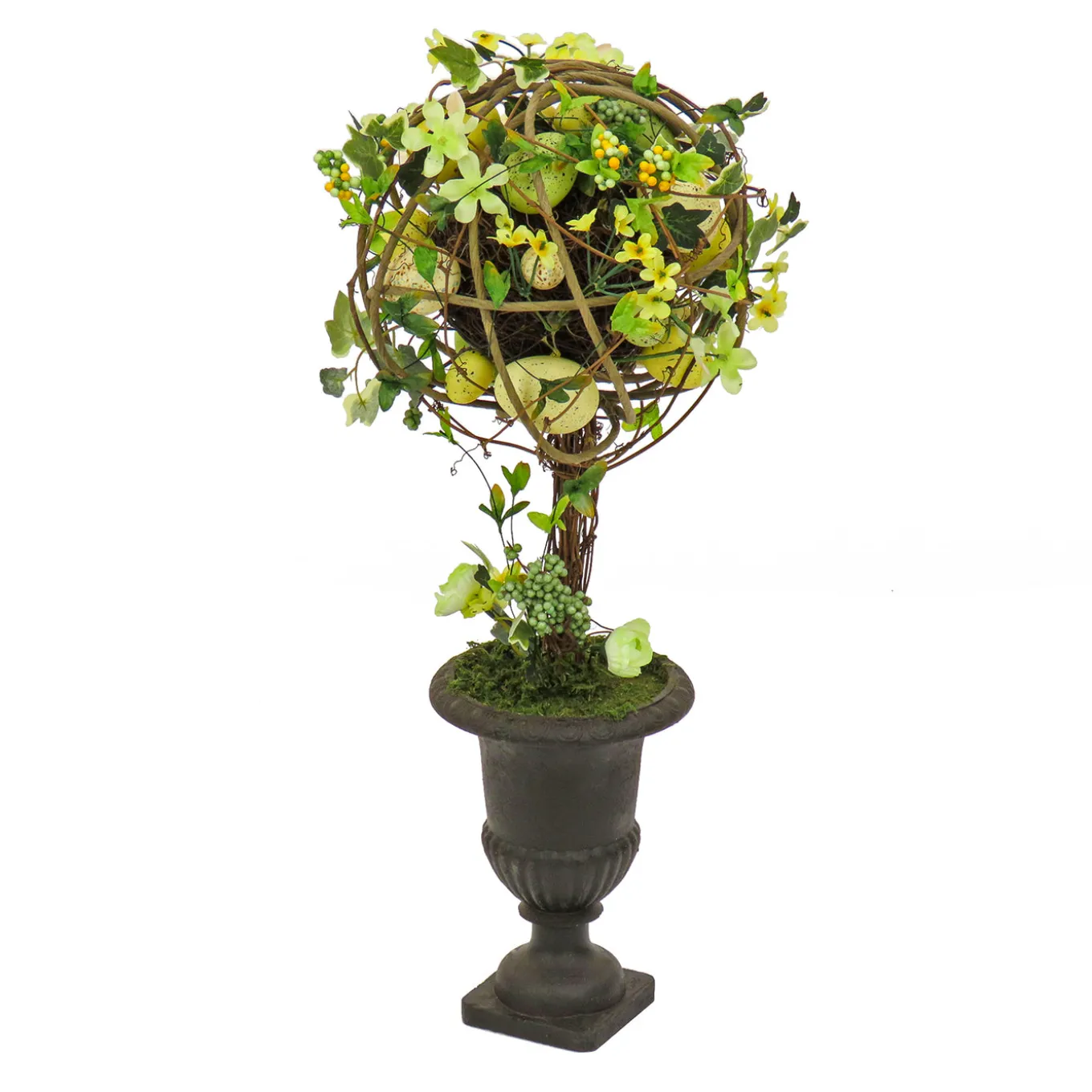 26 in. Easter Single Topiary Ball in a Urn Decorated with Pastel Eggs and Flower Blooms