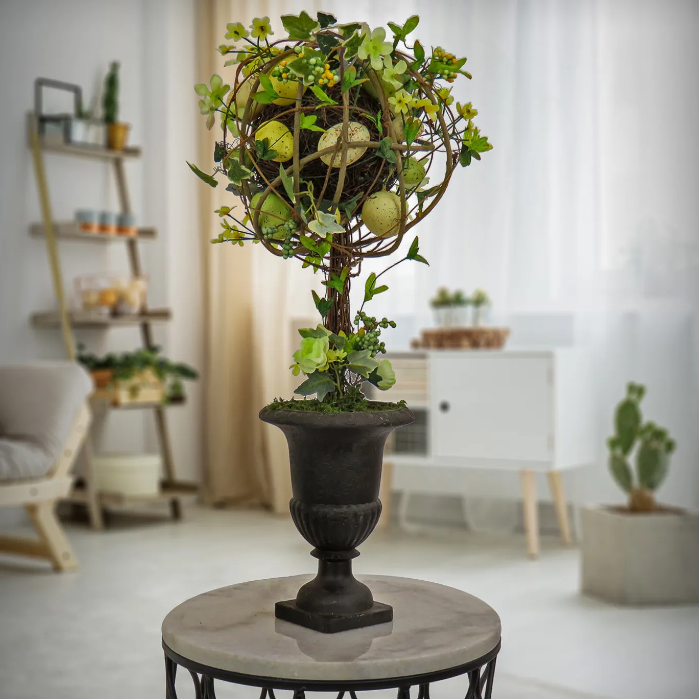 26 in. Easter Single Topiary Ball in a Urn Decorated with Pastel Eggs and Flower Blooms