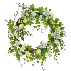 22 in. Easter Wreath Decorated with Pastel Eggs, Blue Flowers