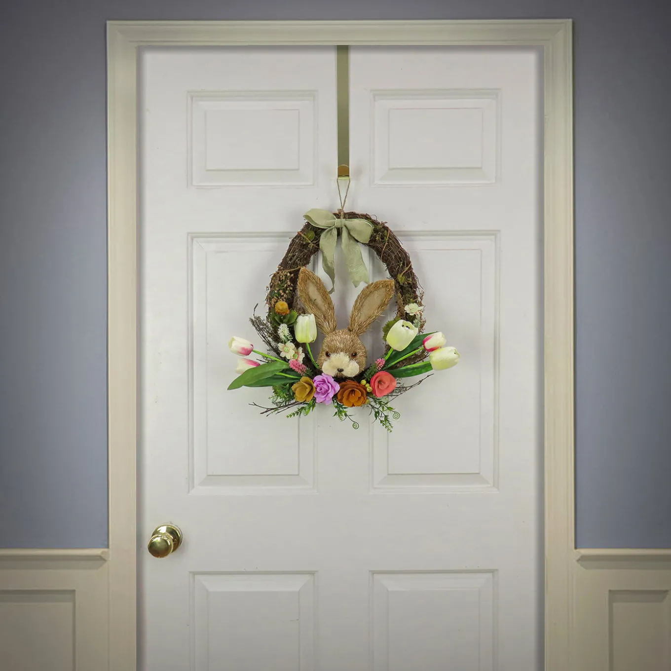16 in. Easter Wreath Decorated with Multicolor Flower Blooms, Tulips, Leafy Greens, Bunny Head