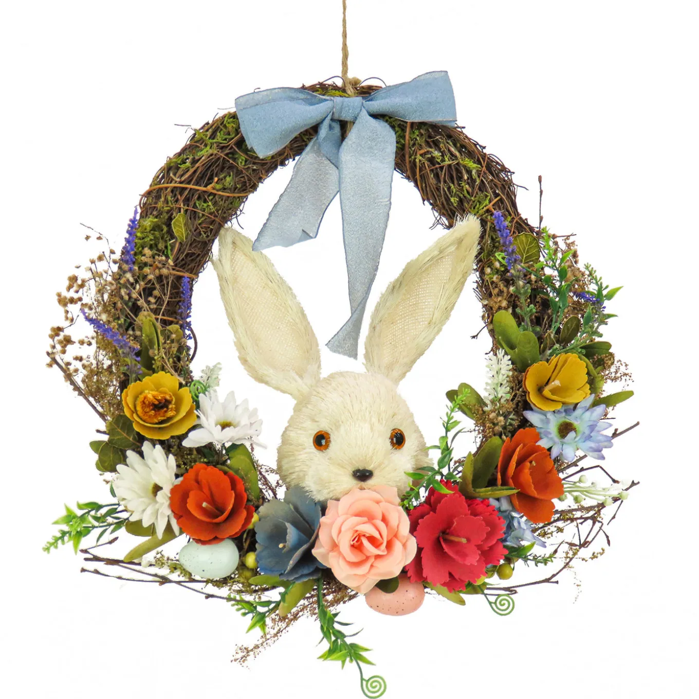 16 in. Easter Wreath Decorated with Multicolor Flower Blooms, Leafy Greens, Bunny Head