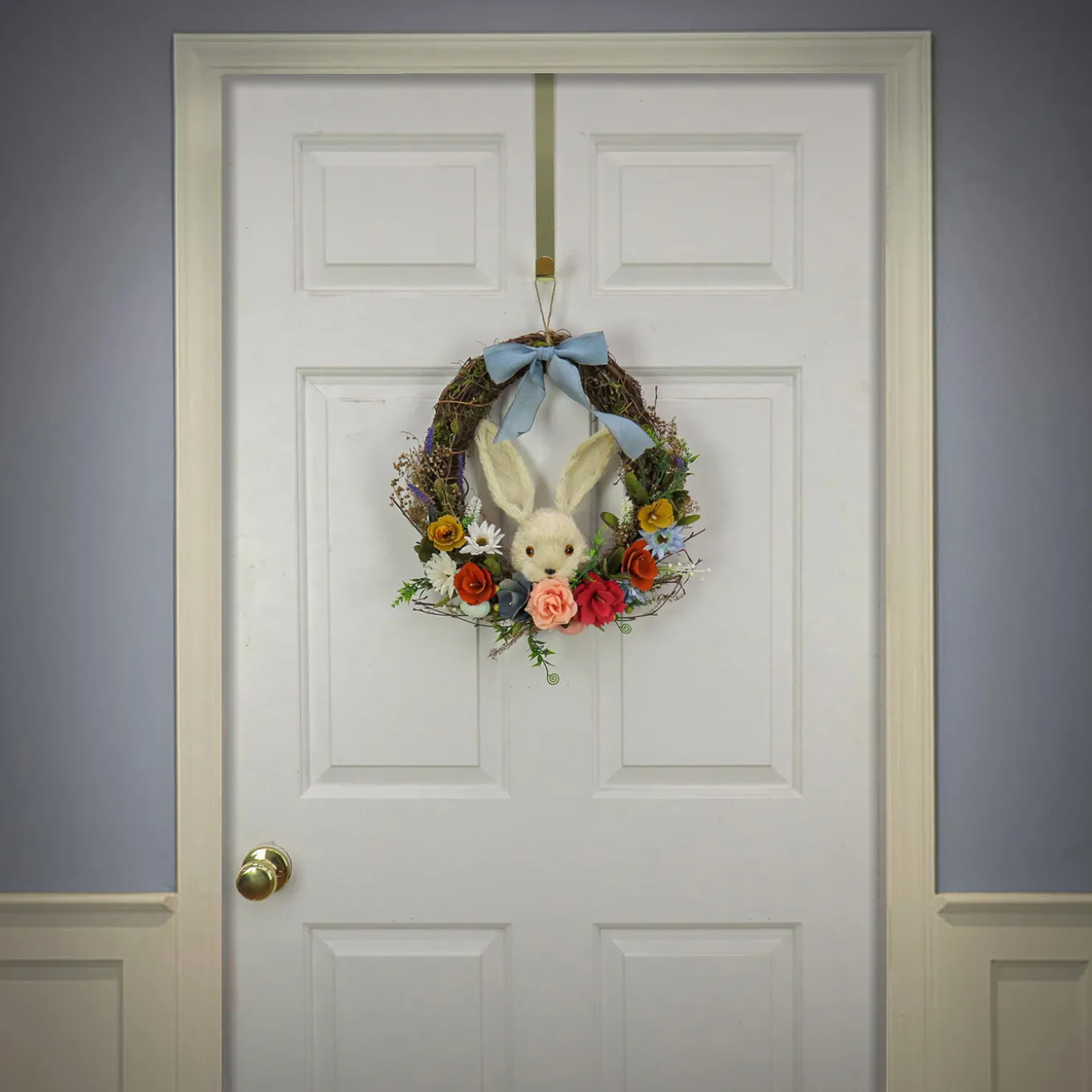 16 in. Easter Wreath Decorated with Multicolor Flower Blooms, Leafy Greens, Bunny Head