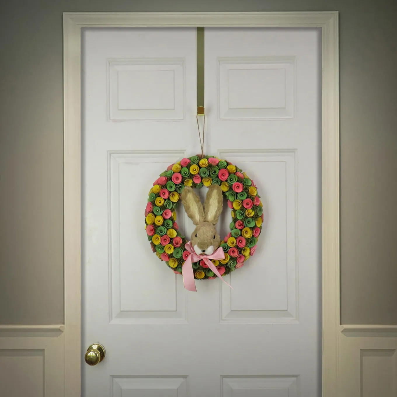 16 in. Easter Wreath Decorated with Colorful Flower Blooms, Bunny Head