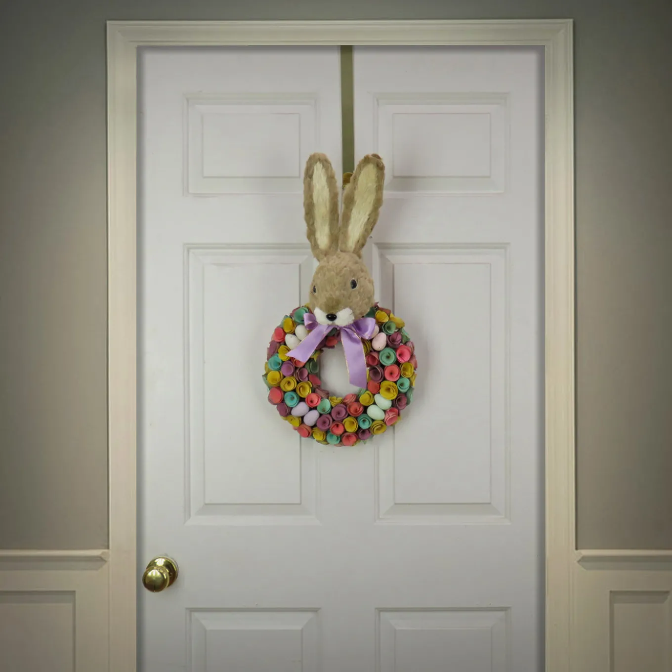 24 in. Easter Wreath Decorated with Colorful Flower Blooms, Pastel Eggs, Bunny Head