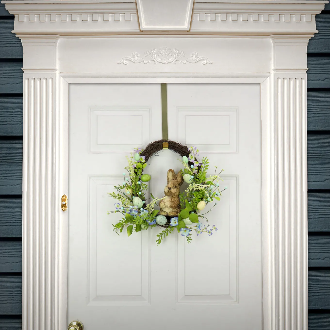 16 in. Easter Wreath Decorated with Wooden Bunny, Blue Flower Blooms, Pastel Eggs, Berries