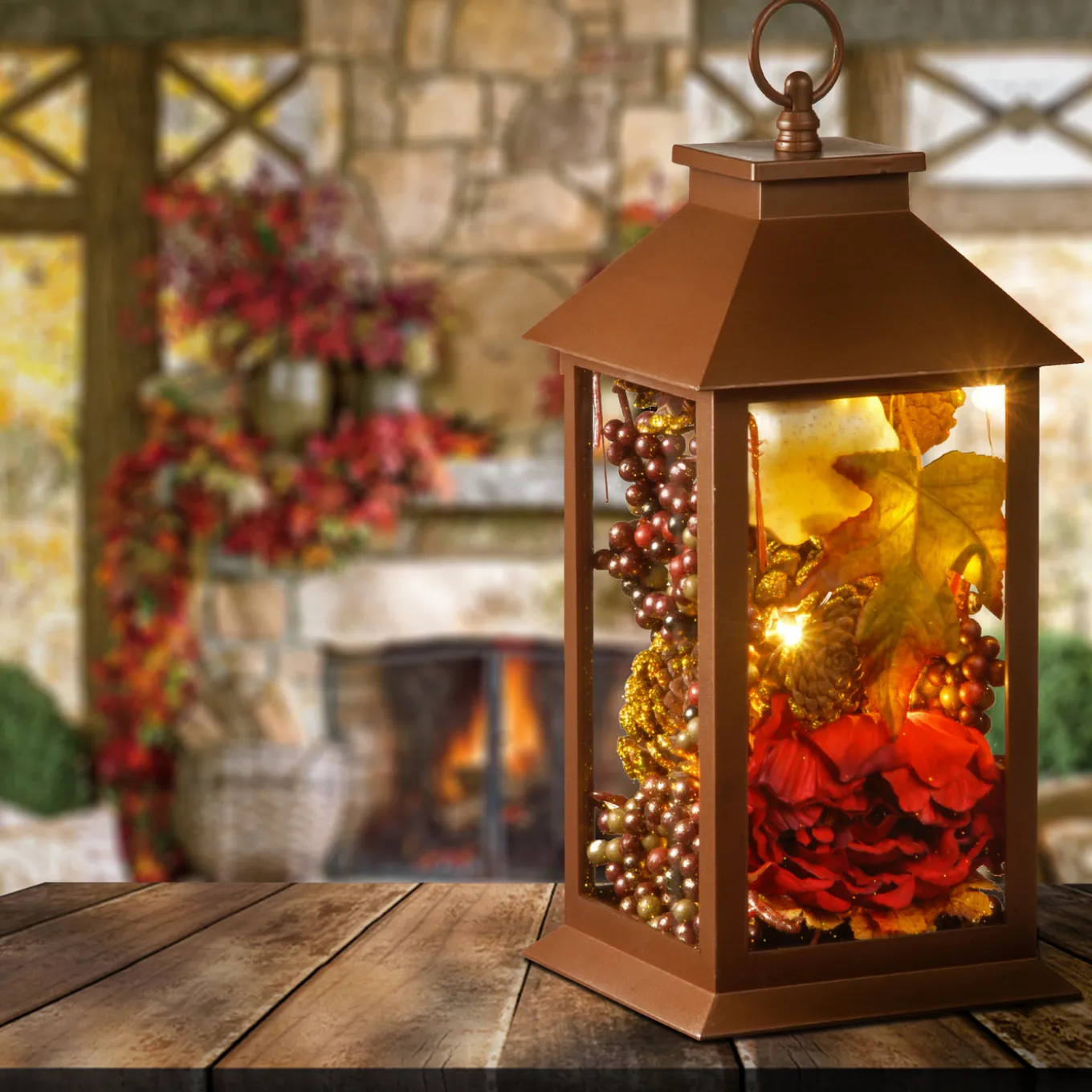 12 in. Fall Lantern with LED Lights, Filled with Pumpkins, Leaves, Flowers, Berry Clusters