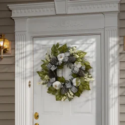 30 in. Fall Wreath with Pine Cones, Berry Clusters, Gourds, Fabric Bows