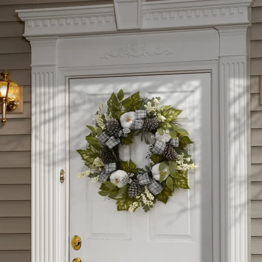 30 in. Fall Wreath with Pine Cones, Berry Clusters, Gourds, Fabric Bows