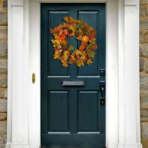 24 in. Fall Wreath with Pumpkins, Pinecones, Berry Clusters, Maple Leaves