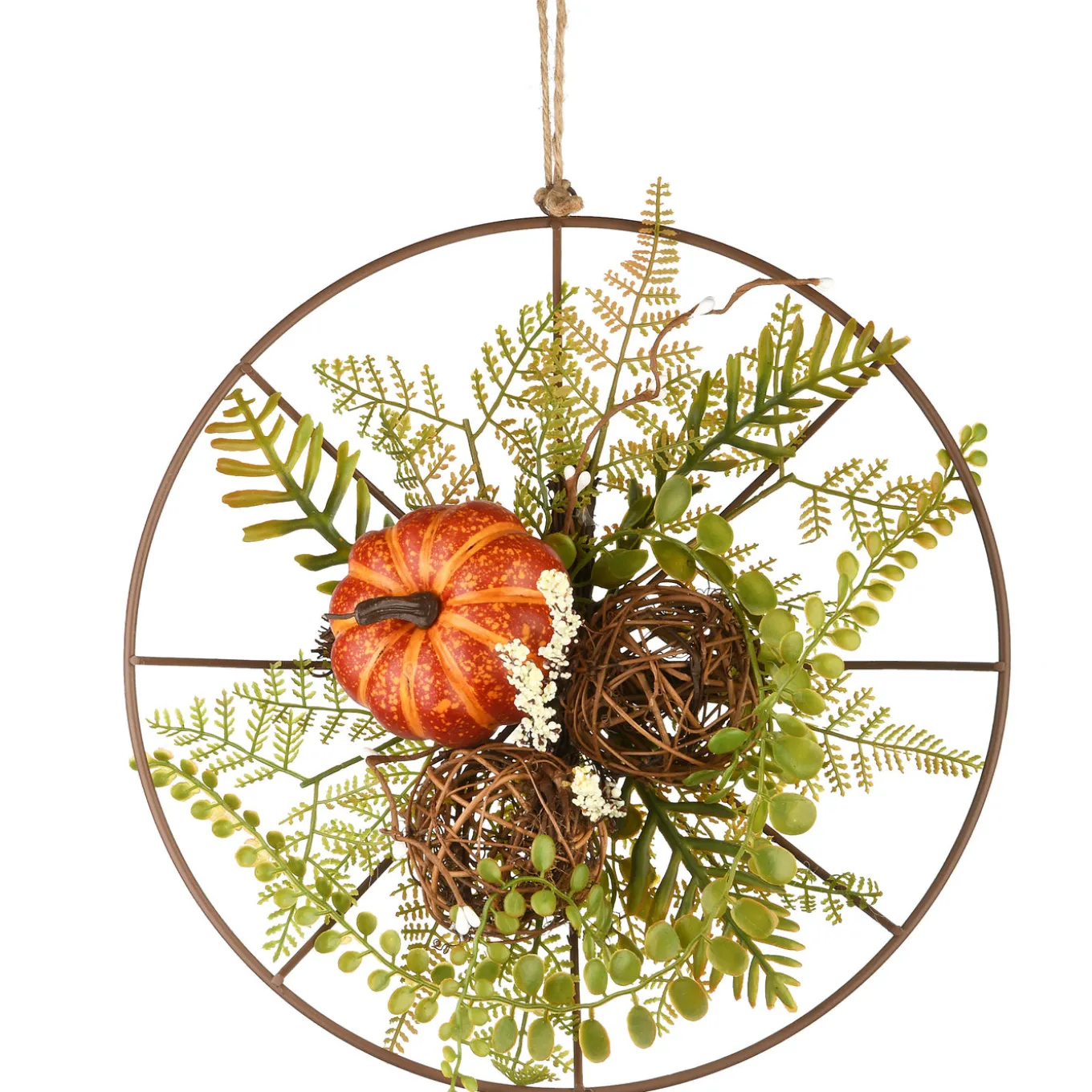 13 in. Flower Circle Hanging Fall Decoration with Fern Fronds, Leaves, Pumpkins, Twig Cones