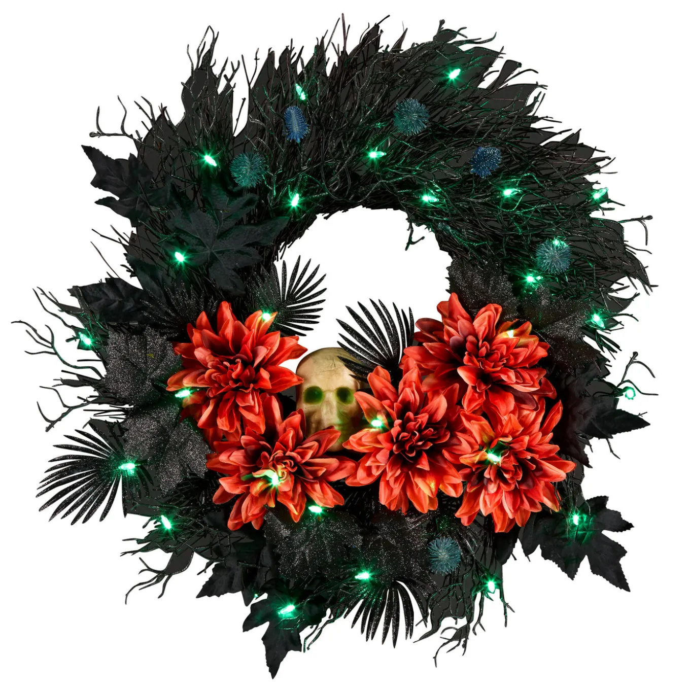 24 in. Halloween Boo-tiful Wreath with Orange Florals and White Skull, LED Lights