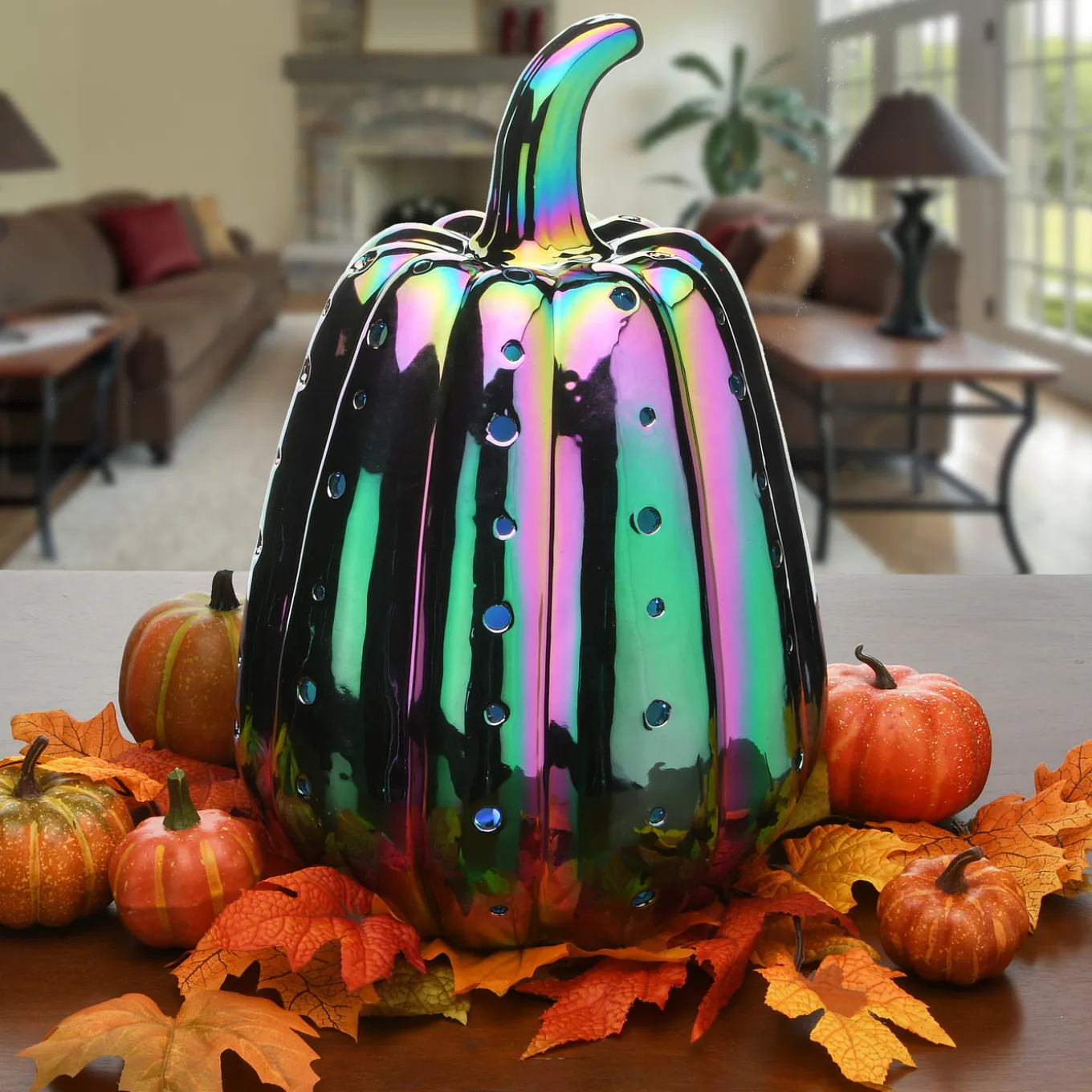 14 in. Halloween Ceramic Iridescent Purple Pumpkin with Multi Color Lights