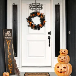 17 in. Halloween Go Away Metal Wreath Hanger