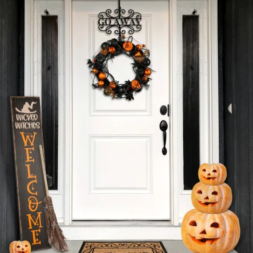 17 in. Halloween Go Away Metal Wreath Hanger