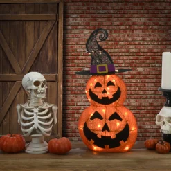 19 in. Halloween Pre-Lit Stacked Pumpkins in Witchs Hat Outdoor Decoration with LED Lights