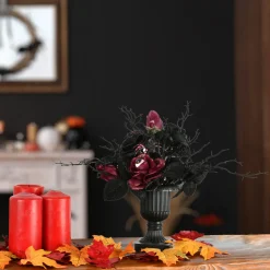 18 in. Halloween Rose Flowers Plant Decoration in a Black Urn