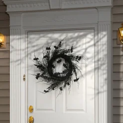 24 in. Halloween Spooky Wreath with Bats, Fern Leaves, Branches
