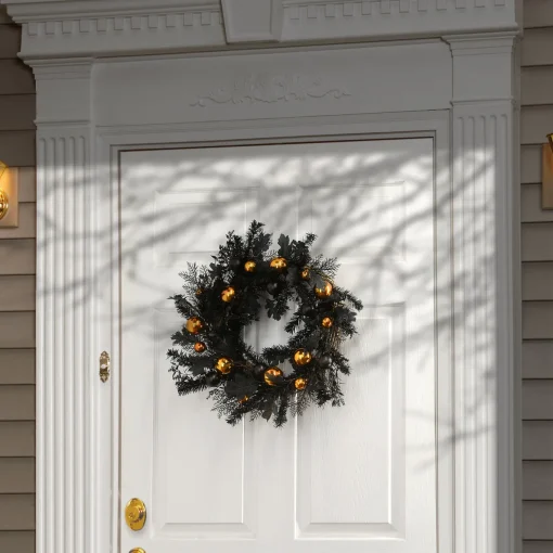 24 in. Halloween Spooky Wreath with Black and Orange Ball Ornaments, Leaves