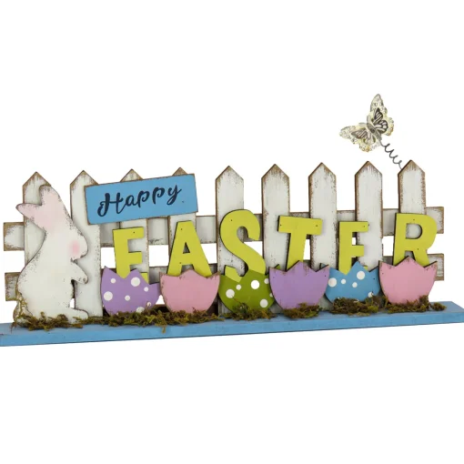 16 in. Happy Easter Picket Fence Table Decoration, Designed with Painted Eggs and Butterfly