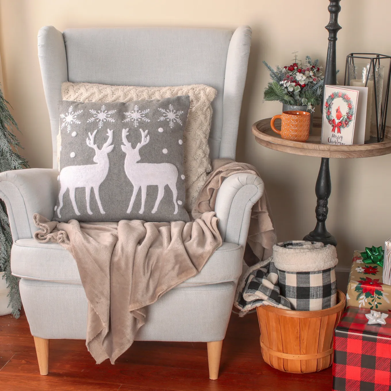 18 in. HGTV Home Collection Reindeer and Snowflakes Pillow