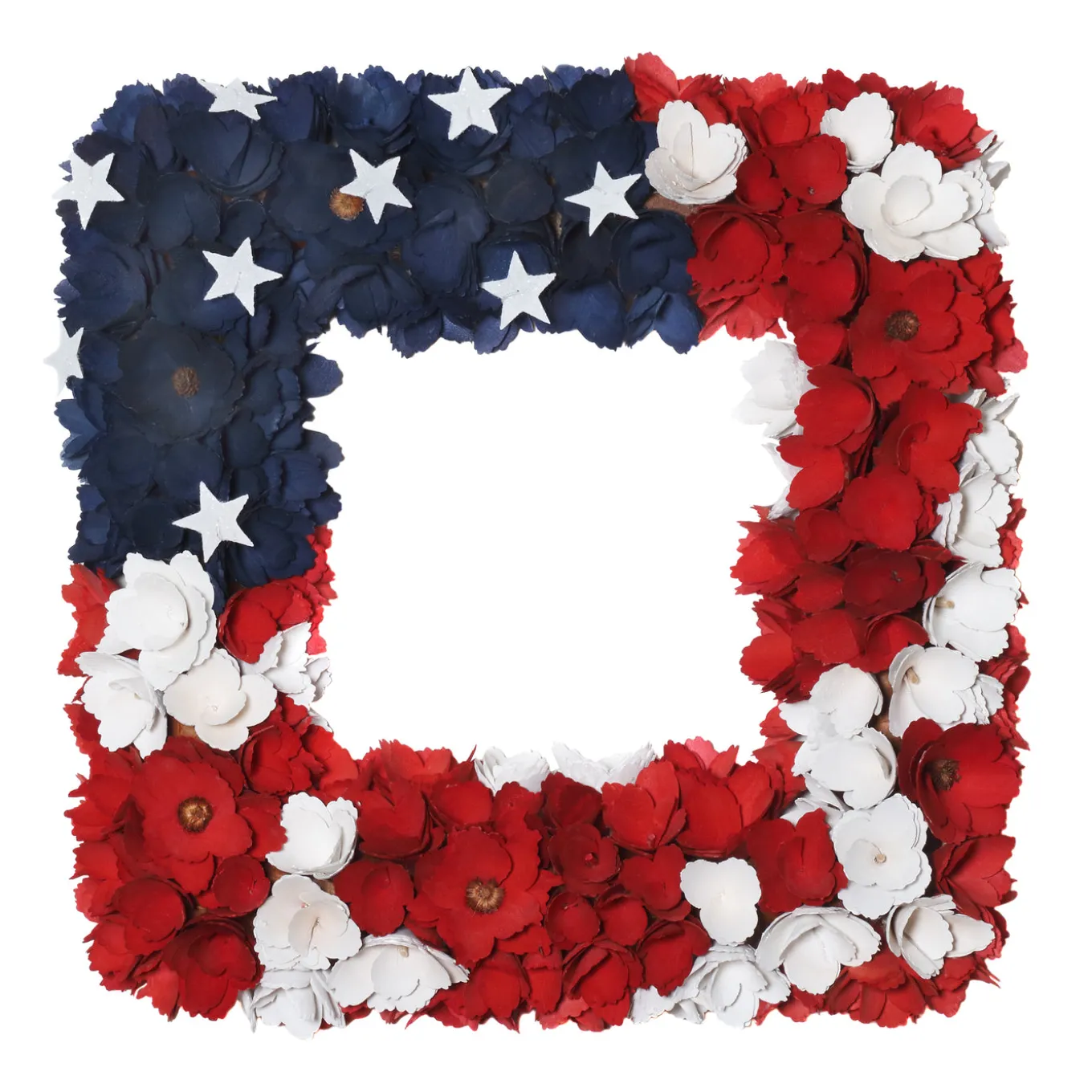 22 in. Patriotic Hanging Square Wreath with Red White and Blue Flowers Stars