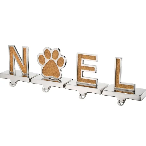 5 in. 4-Piece Gold Sparkle NOEL Christmas Stocking Holders, Gold and Silver with Paw Print