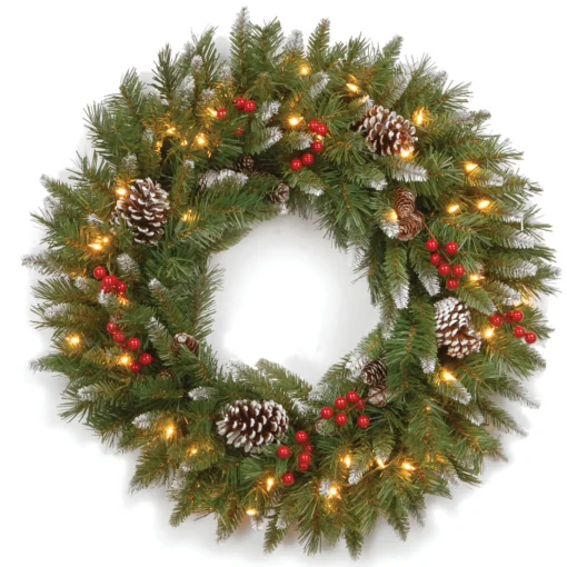 24 in. Pre-Lit Frosted Berry Wreath with Clear Lights, Plug-In