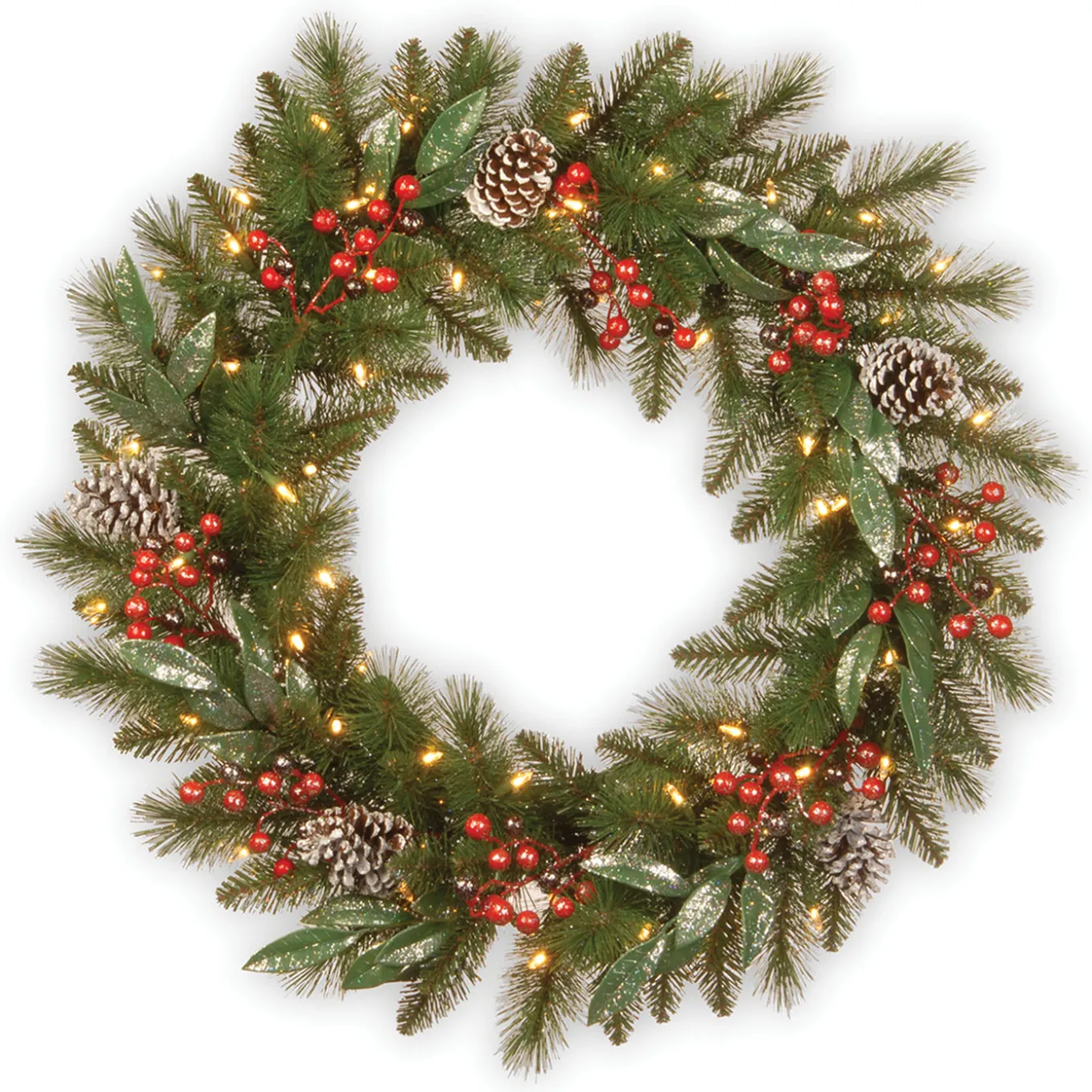 30 in. Pre-Lit Frosted Pine Berry Wreath with LED Lights