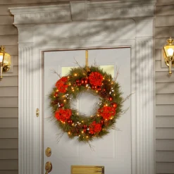 24 in. Pre-Lit Hydrangea Pine Wreath with Warm White LED Lights