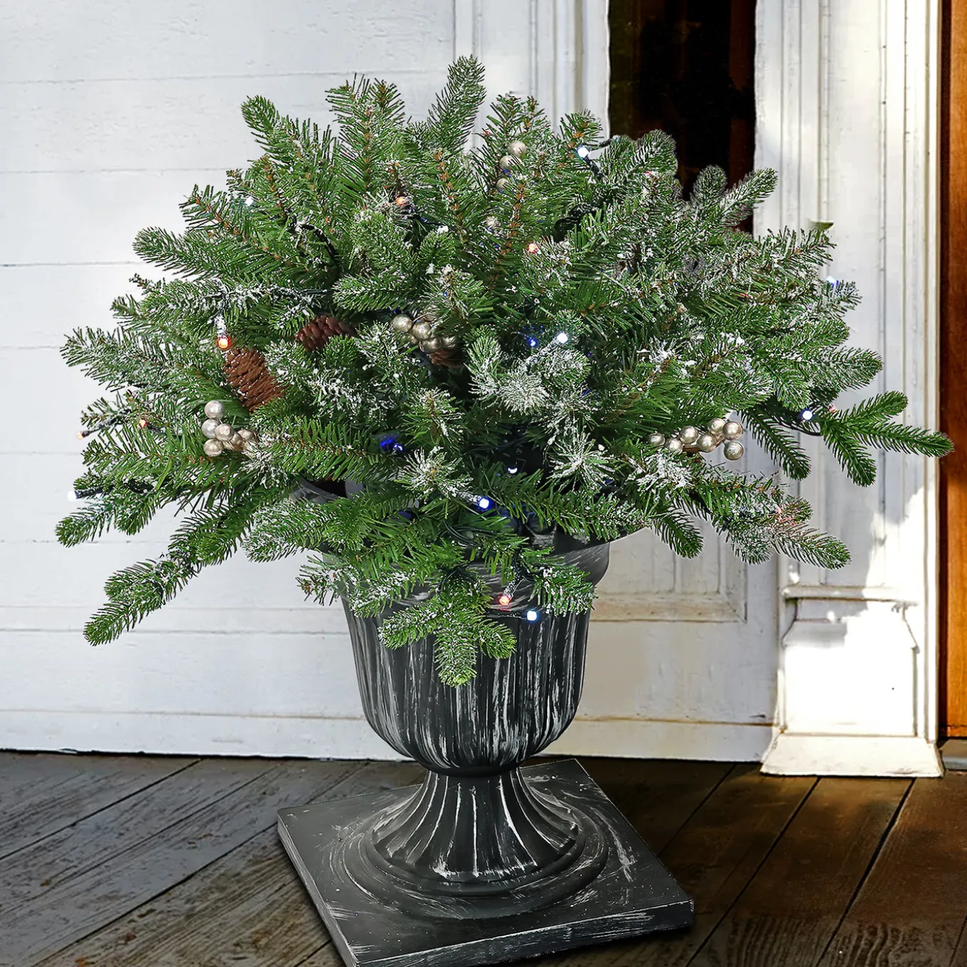24 in. Pre-Lit Snowy Morgan Spruce Porch Bush with Twinkly LED Lights